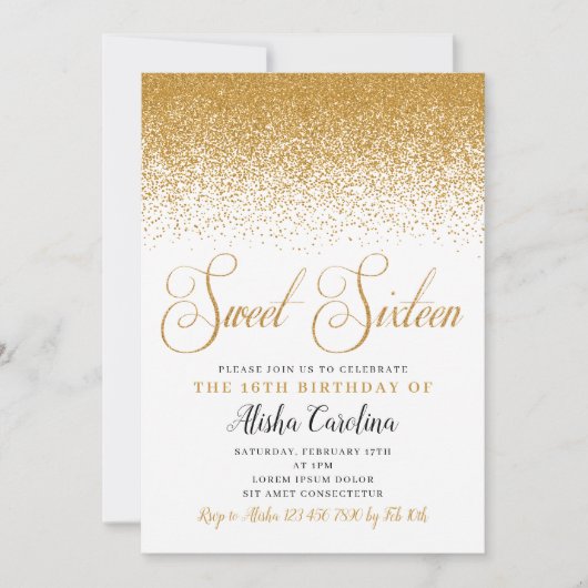 Gold Glitter Sweet Sixteen - uitnodiging op zaterd (Voorkant)