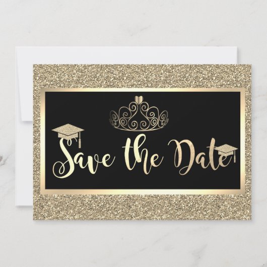 Gold Glitter, Tiara Afstuderen sparen de datum Save The Date (Voorkant)