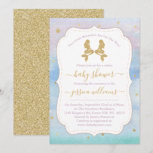 Gold Glitter Twin Mermaids Baby shower Kaart