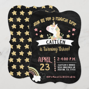 Gold Glitter Unicorn Birthday Party Chalkboard Kaart