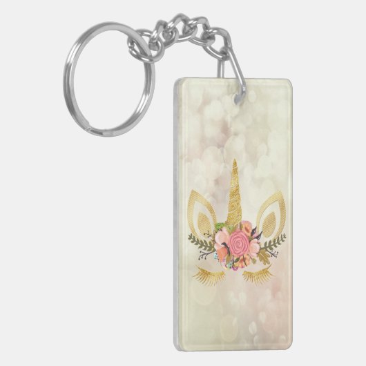 Gold Glitter Unicorn Face, Bokeh Sleutelhanger (Voorkant Links)