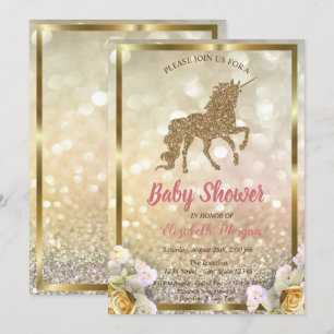 Gold Glitter Unicorn Floral Bokeh Baby shower Kaart