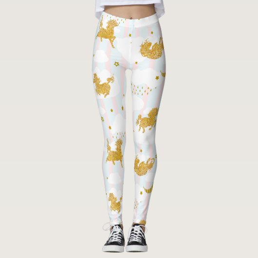 Gold Glitter Unicorn Pattern Girly Yoga Running Leggings (Voorkant)