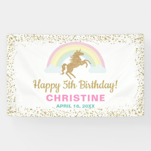 Gold Glitter Unicorn Rainbow Birthday Party Banner