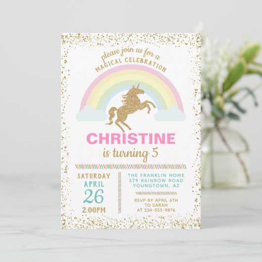 Gold Glitter Unicorn Rainbow Birthday Uitnodiging (Staand voorkant)