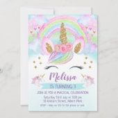 Gold Glitter Unicorn Rainbow Birthday Uitnodiging (Voorkant)