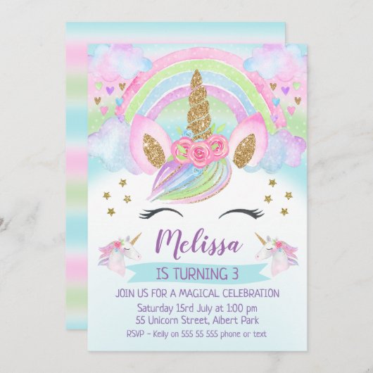 Gold Glitter Unicorn Rainbow Birthday Uitnodiging (Voorkant / Achterkant)
