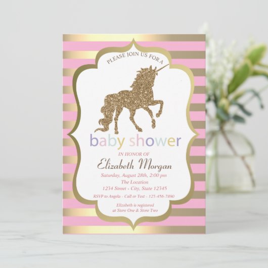 Gold Glitter Unicorn, Stripe Baby shower Invitatio Kaart (Staand voorkant)