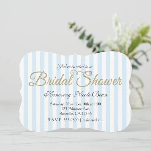 Gold Glitter VRIJGEZELLENFEEST Stripe Blue Invitat Kaart (Staand voorkant)