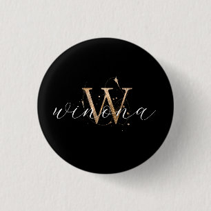Gold Glitter W Initiaal Script Name Modern Elegant Ronde Button 3,2 Cm