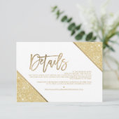 Gold glitter White script bruiloft richting Informatiekaartje (Staand voorkant)
