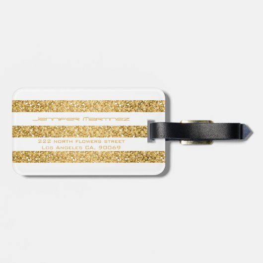 Gold Glitter White Stripes Pattern Monogram Bagagelabel (Achterkant horizontaal)