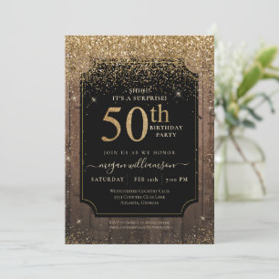 Gold Glitter Wood 50th Birthday Party Black Kaart