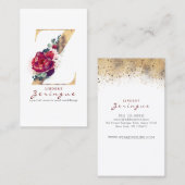 Gold Glitter Z Monogram Bourgogne Rode Bloemen Visitekaartje (Voorkant / Achterkant)