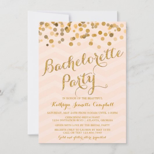 Gold Glittering Confetti Bachelorette Party Invite Kaart (Voorkant)