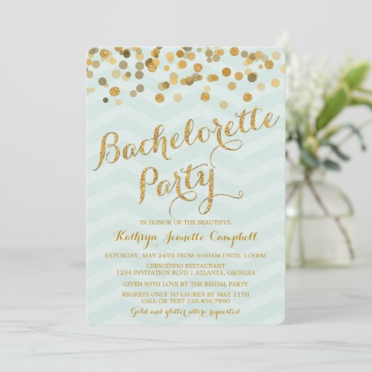 Gold Glittering Confetti Bachelorette Party Invite Kaart (Staand voorkant)