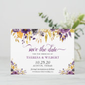 Gold Glitters Paarse Floral Wedding Save the Date (Staand voorkant)