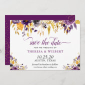 Gold Glitters Paarse Floral Wedding Save the Date (Voorkant / Achterkant)