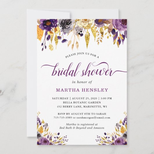 Gold Glitters Plum Paars Floral Vrijgezellenfeest Kaart (Voorkant)