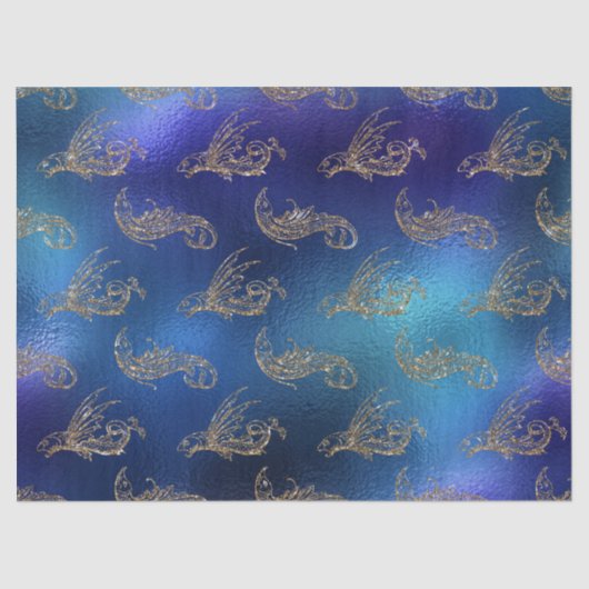 Gold Glittery Fish op Blue Decoupage Tissuepapier (Voorkant)