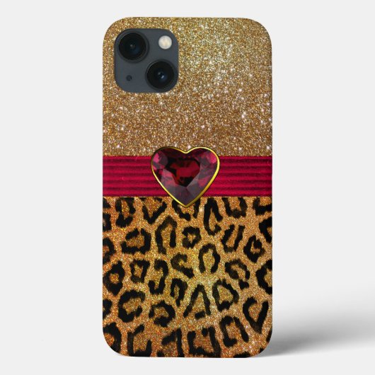 Gold Glittery Leopard Print en Ruby Heart Case-Mate iPhone Case (Achterkant)