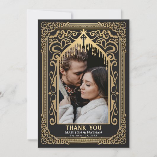 Gold Gothic Vampire Cathedral Photo Wedding Bedankkaart (Voorkant)