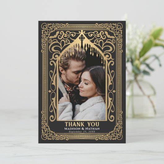 Gold Gothic Vampire Cathedral Photo Wedding Bedankkaart (Staand voorkant)