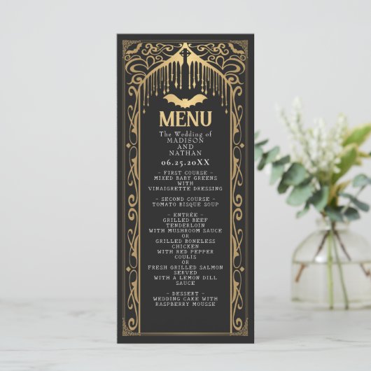 Gold Gothic Vampire Cathedral Wedding Menu (Staand voorkant)