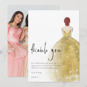 Gold Gown Photo Auburn Quinceañera Bedankkaart
