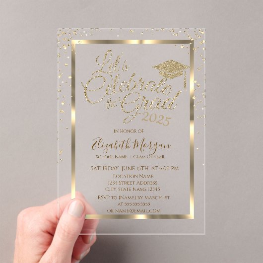 Gold Graduation Cap Diamonds Navy Blue Afstuderen Acryl Uitnodigingen (Insitu (Draagbaar))