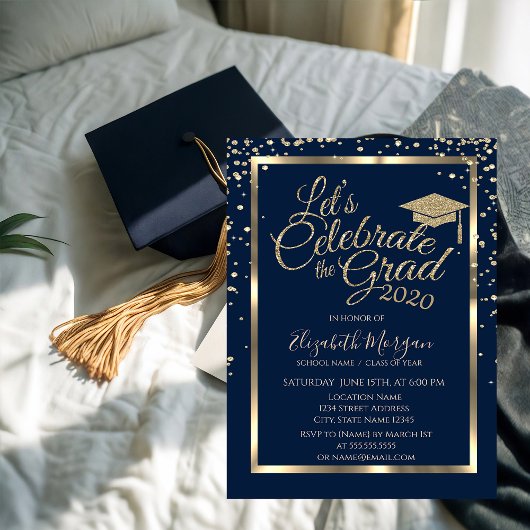 Gold Graduation Cap Diamonds Navy Blue Afstuderen Kaart