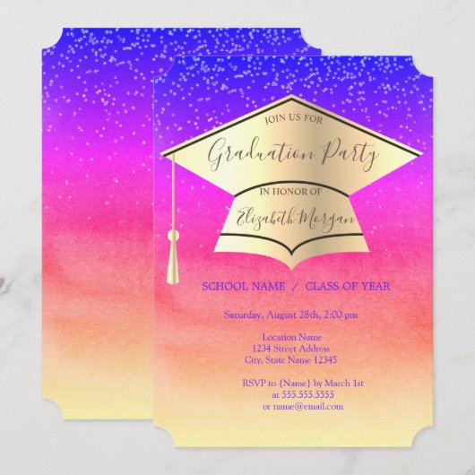 Gold Graduation Cap, Diamonds Ombre Afstuderen Kaart (Voorkant / Achterkant)