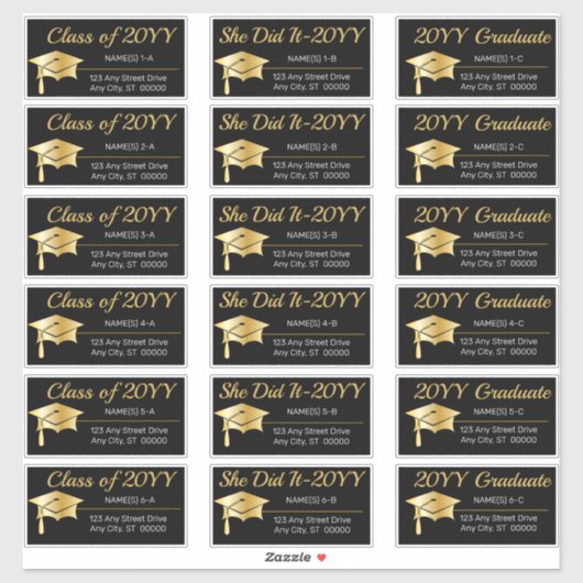 Gold Graduation Cap Klasse Jaar Adresetiketten Sticker (Vel)