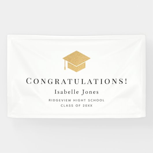 Gold Graduation Cap Minimalistisch Wit Afstuderen Spandoek (Horizontaal)