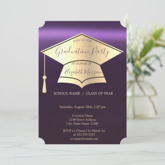 Gold Graduation Cap, Paars Afstuderen Kaart (Staand voorkant)
