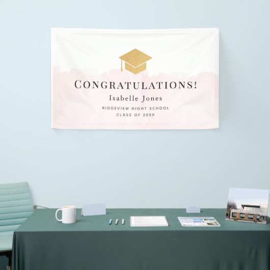 Gold Graduation Cap Waterverf Roze Afstuderen Spandoek (Beurs)