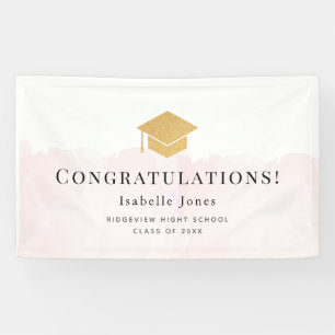 Gold Graduation Cap Waterverf Roze Afstuderen Spandoek