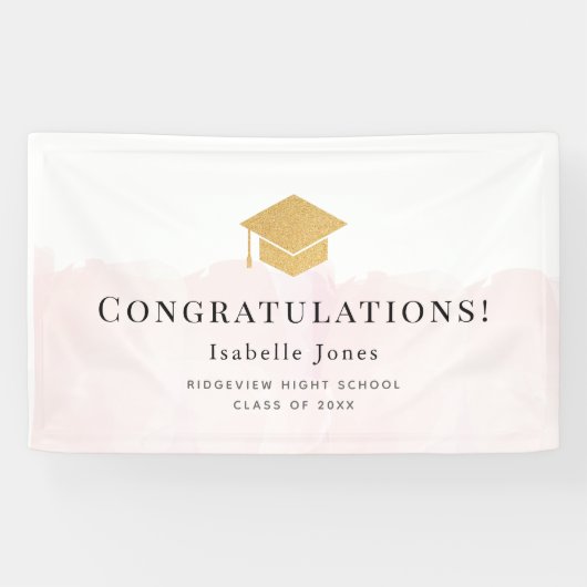 Gold Graduation Cap Waterverf Roze Afstuderen Spandoek (Horizontaal)