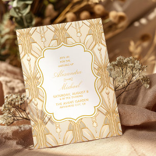 Gold Great White Art Deco 1920s Wedding Kaart