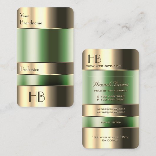 Gold Green Bin Faux Engraving Font met Initialen Visitekaartje (Voorkant / Achterkant)