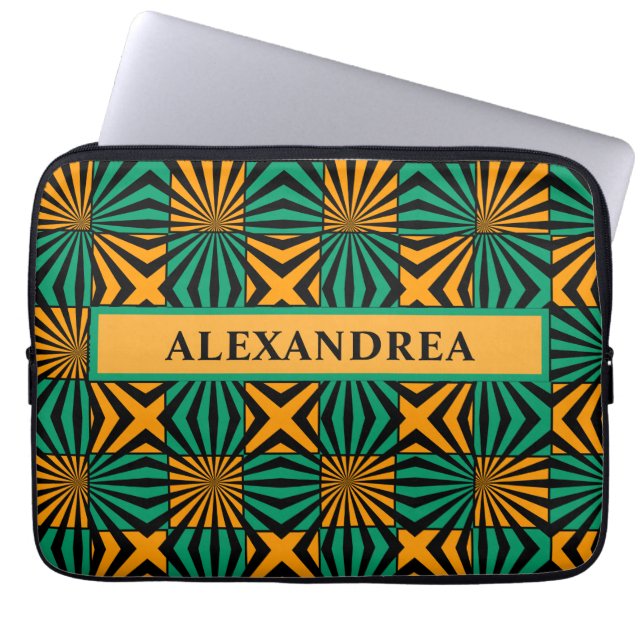 Gold Green Black Geometric Pattern personaliseert Laptop Sleeve (Voorkant)
