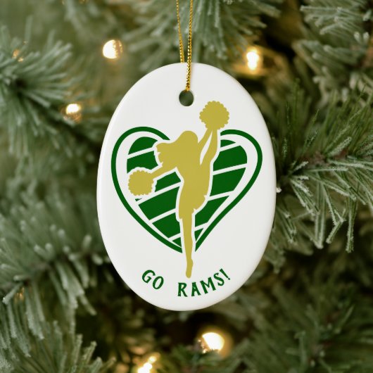 Gold Green Cheerleader Team Name Ceramic Ornament (Boom)