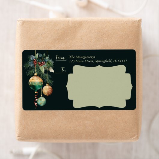 Gold Green Christmas Ornaments Shipping Etiket (Insitu)