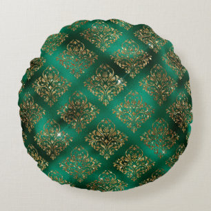 Gold Green Damask Elegant Chic Glitter Rond Kussen