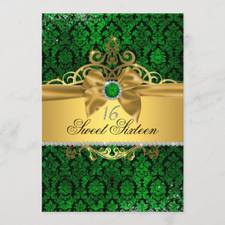 Gold Green Damask Sweet Sixteen Uitnodigen Kaart