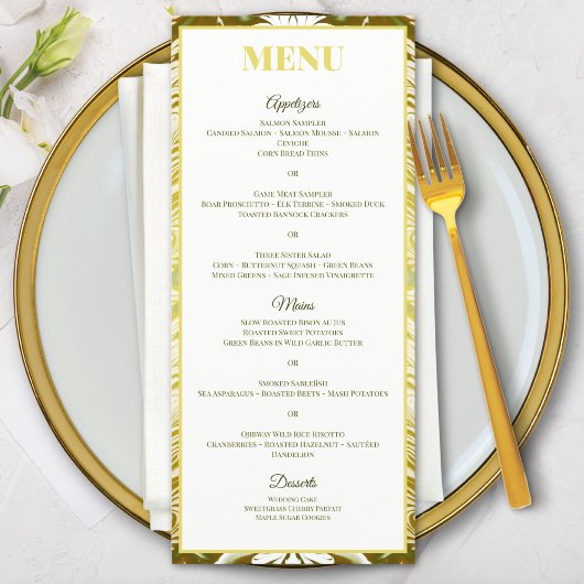 Gold Green Damask Wedding Menu