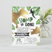 Gold Green Dinosaur invitation d'anniversaire (Debout devant)