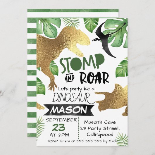 Gold Green Dinosaur invitation d'anniversaire (Devant / Derrière)