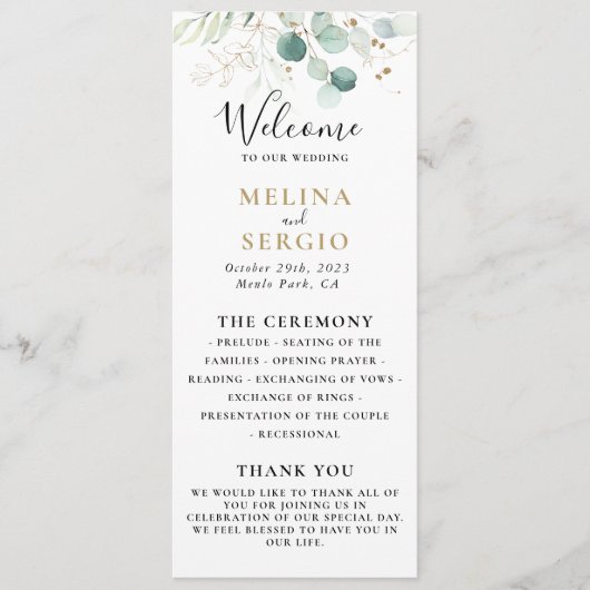 Gold Green Eucalyptus Calligraphy Wedding Programm Programma (Voorkant)