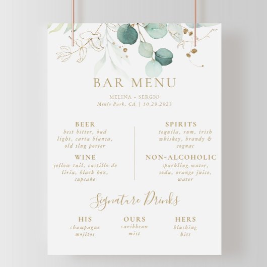 Gold Green Eucalyptus Mariage Bar Menu Poster